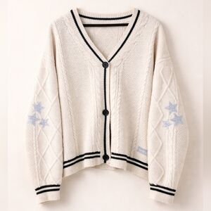 Taylor Swift Women's Inspired Cream Star Oversize Cable Knit Cardigan Size XL.